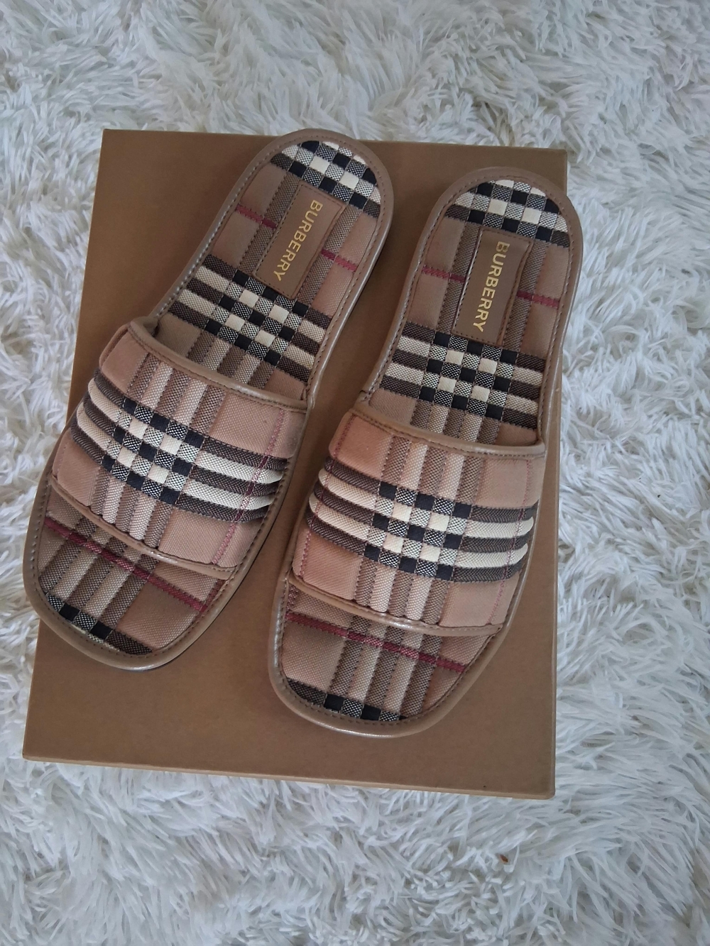 Burberry Tan & Black Check Slide Sandals